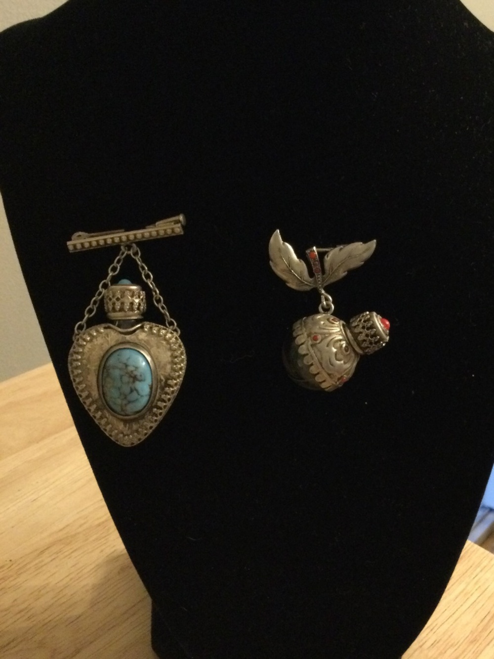 Two Collectible Silvertone Perfume Pins with Faux Stones